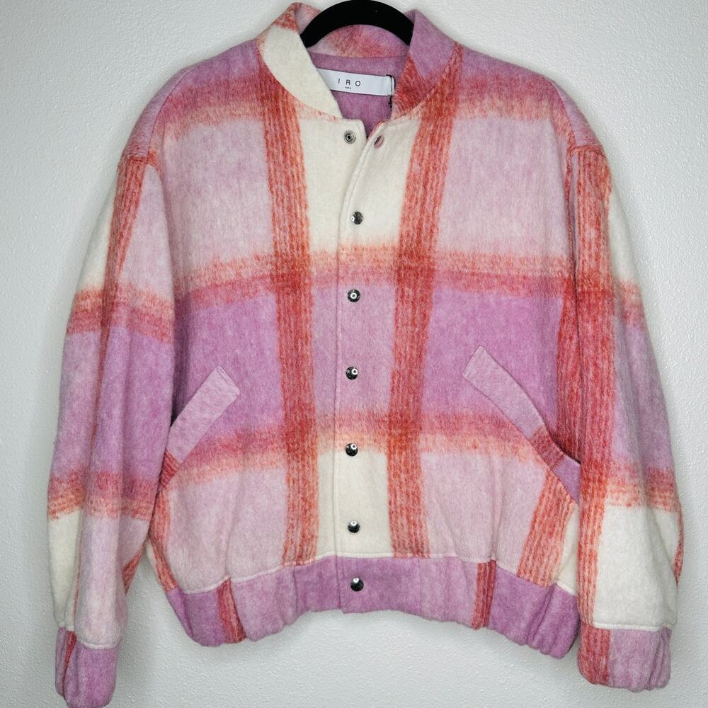 IRO Lahiana Biker Jacket Pink Tartan Plaid Long Sleeve Wool Bomber 40 / M - Picture 2 of 14